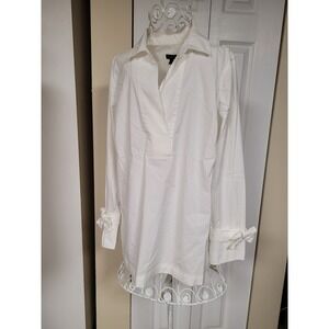 Talbots Womens White Tunic Coquette Blouse Bow Cuff V-Neck Stretch Size M